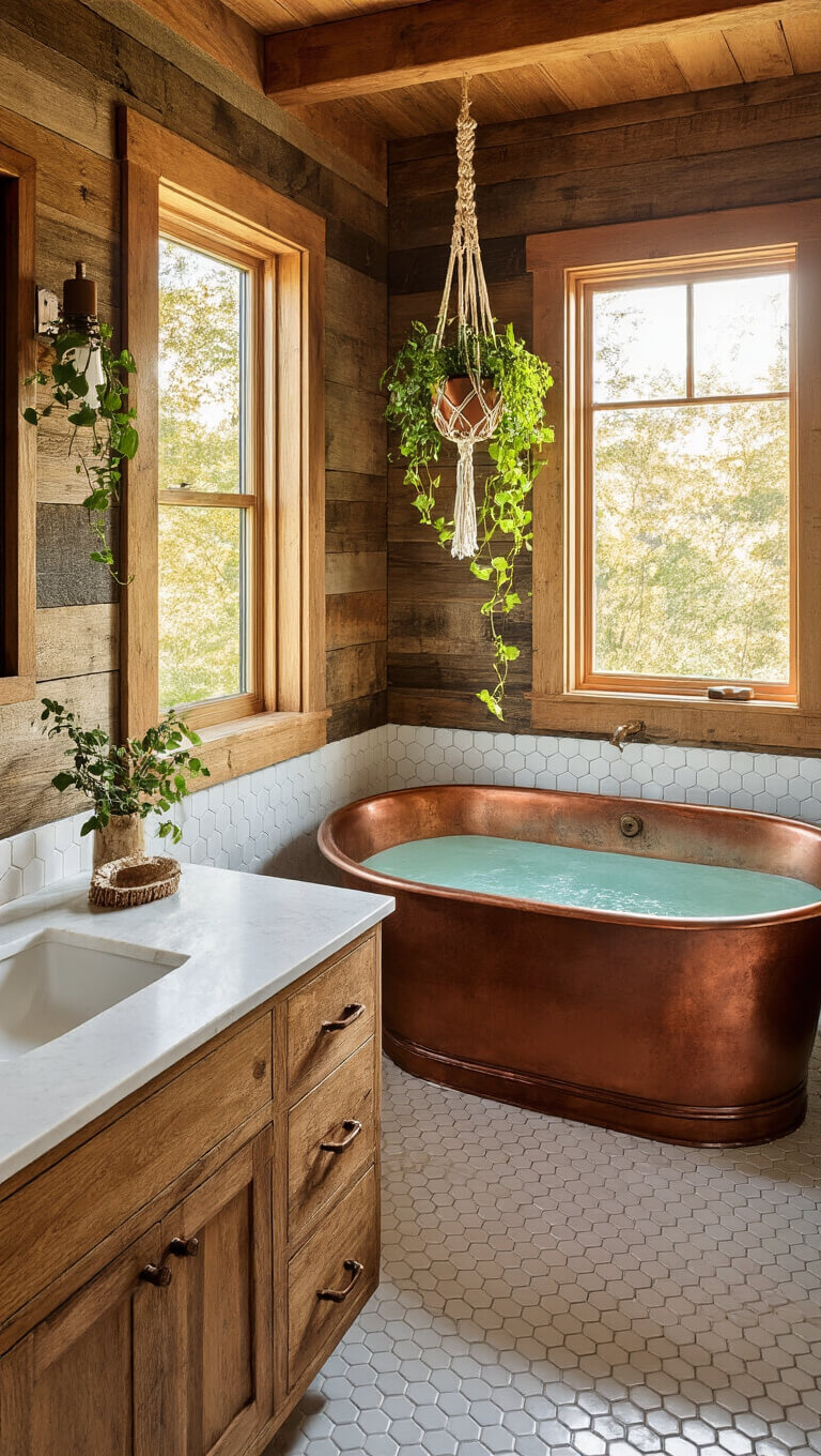 Rustic-luxe cabin bathroom with copper soaking tub, reclaimed wood, marble hex tiles, and custom alder vanity at sunset.