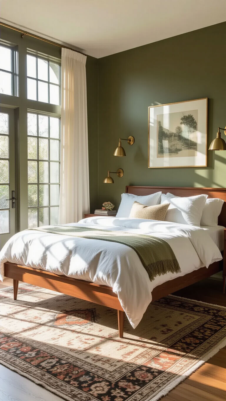 Mid-century modern bedroom with walnut bed, olive green accent wall, brass sconces, Persian and jute rugs, and sunlit textures through floor-to-ceiling windows.