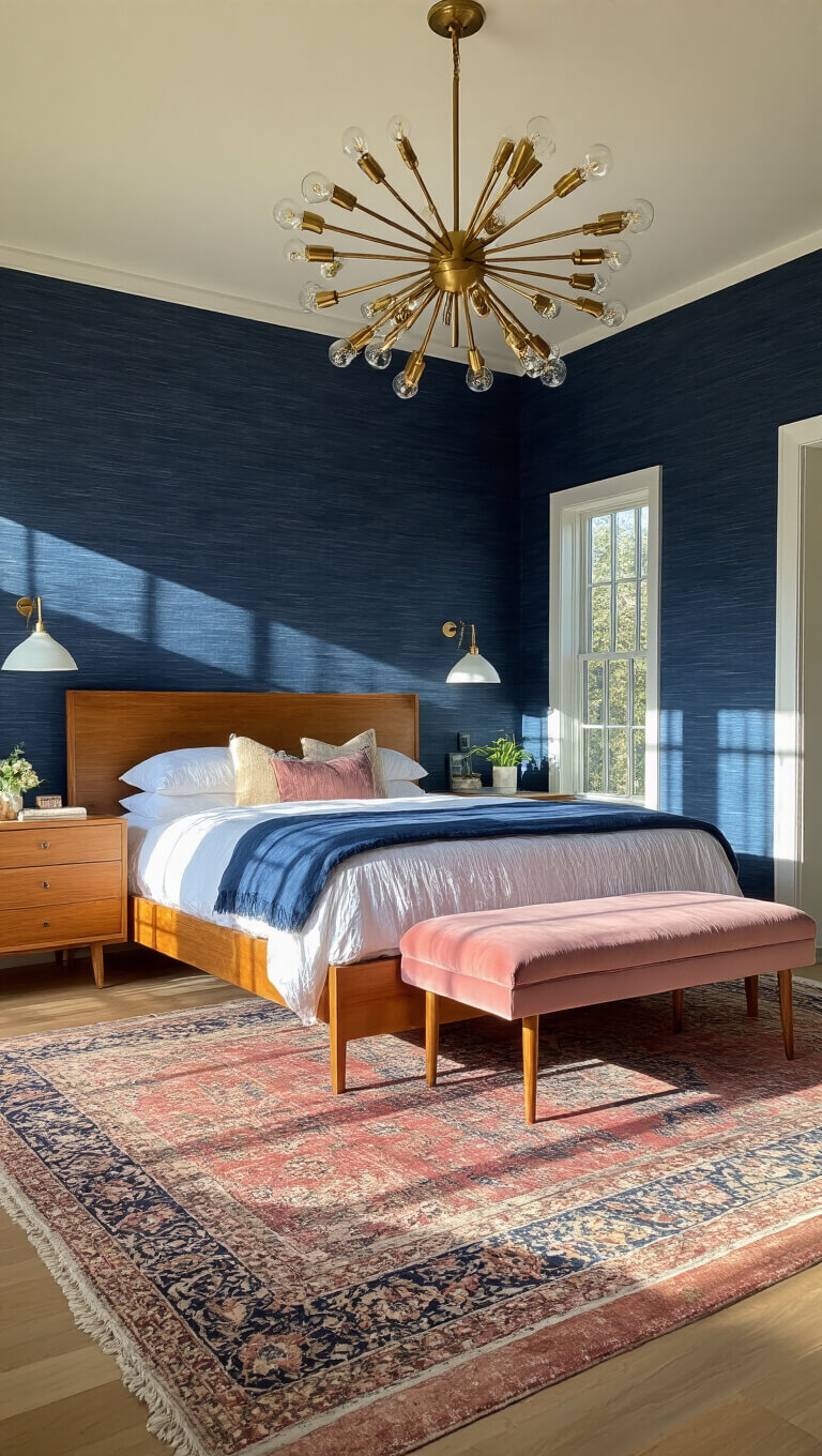 Bedroom with long afternoon shadows, featuring brass sputnik chandelier over teak platform bed, navy grasscloth walls, marble-topped nightstands, blush velvet bench, and layered Moroccan rugs.