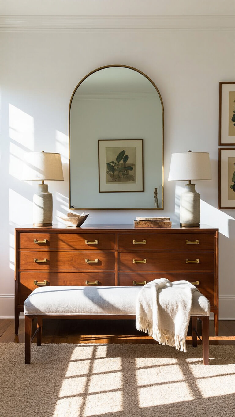 Sunlit master bedroom with Danish modern walnut dresser, arched mirror, silk screen prints, and mixed metal lamps, showcasing rich textures and dramatic shadows.