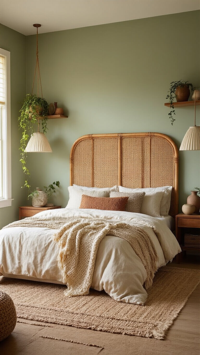Cozy 11x13ft bedroom bathed in golden hour light, featuring a mid-century rattan headboard against a sage green wall, layered vintage textiles, ceramic lamps with pleated shades, floating walnut shelves with vintage objects, and a lush plant corner with trailing pothos.