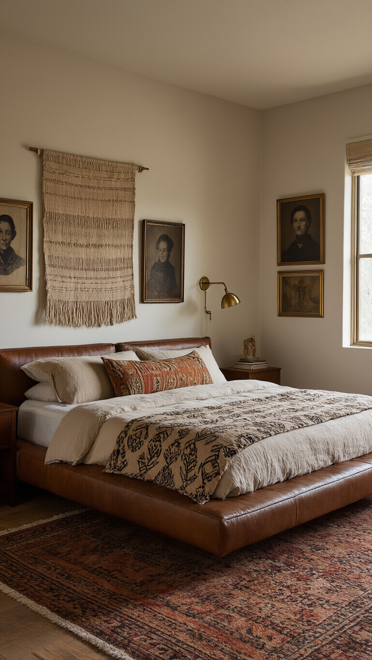 Cozy dusk-lit bedroom with low leather bed, vintage textiles, layered rugs, and brass accents in warm lighting.
