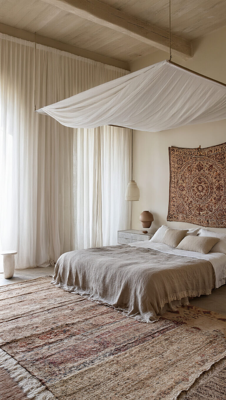 Bird's-eye view of serene 16x14ft bedroom with canopy bed, Moroccan wall art, mid-century nightstands, vintage rugs, and sheer curtains in natural light.