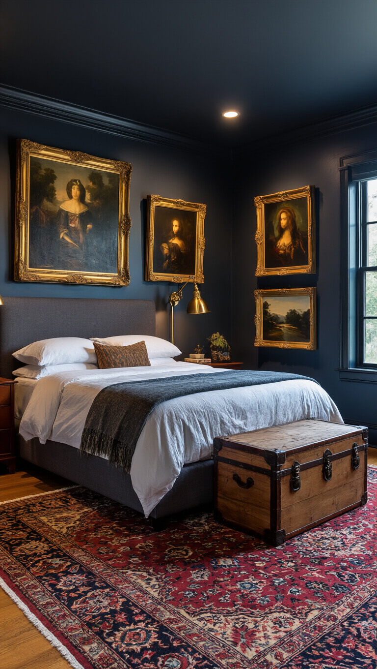 Moody twilight bedroom with low charcoal upholstered bed, vintage Persian rug, brass floor lamp, gallery wall art, and carved wooden trunk nightstand, shot low to highlight ceiling and atmospheric lighting.