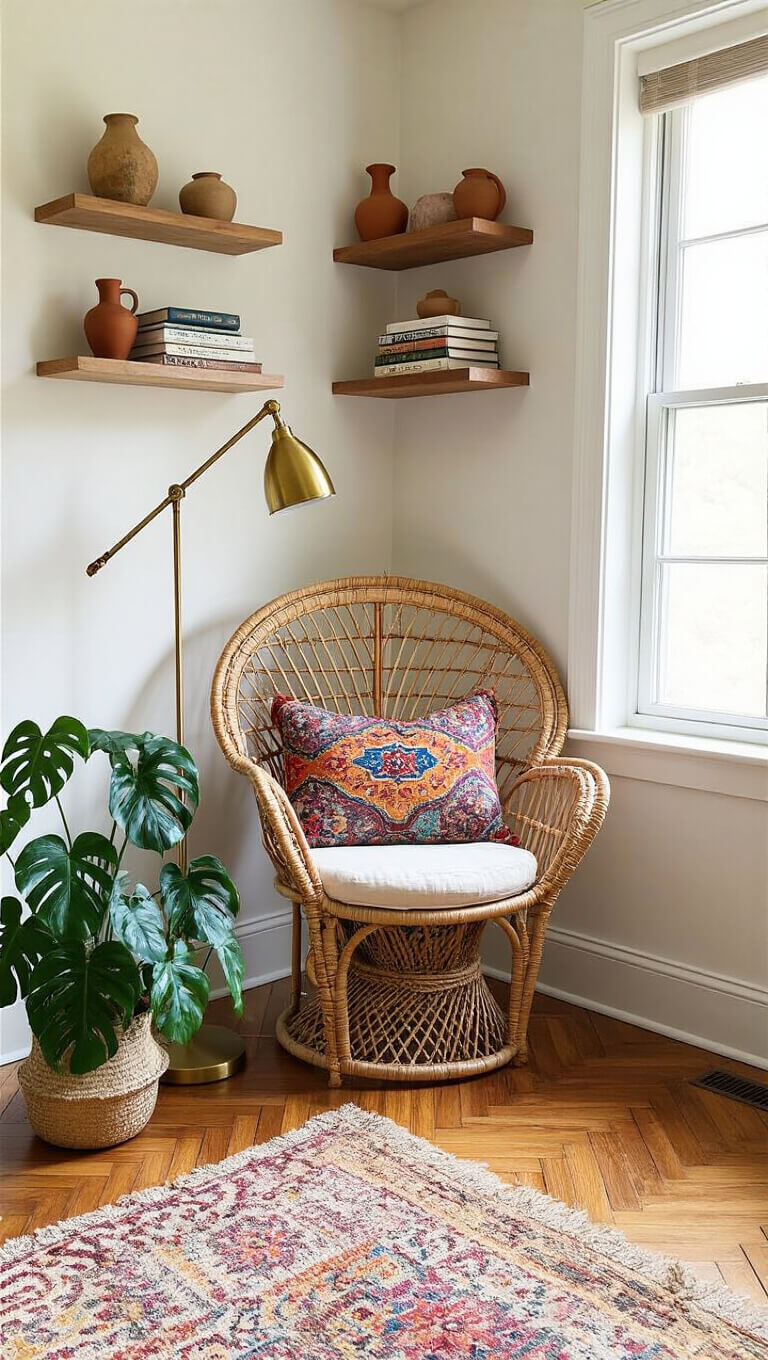 Cozy sunlit bedroom corner with rattan peacock chair, brass floor lamp, vintage kilim pillow, floating shelves holding pottery and art books, potted monstera plant, and herringbone wood floors.