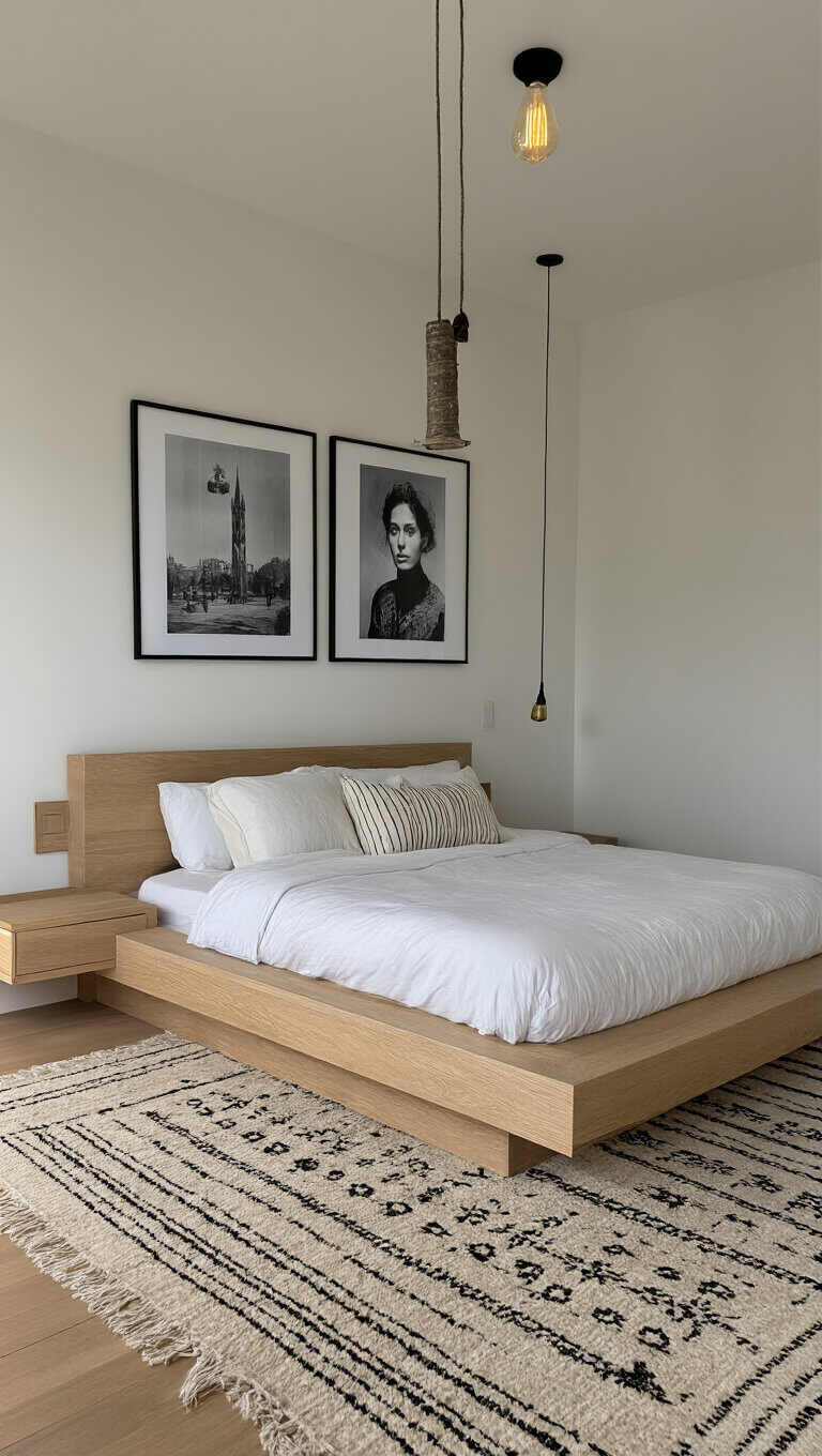 Minimalist 14x16ft bedroom with platform bed and built-in nightstands, vintage Moroccan rug, pendant light, black and white photo gallery wall, and bright natural light highlighting textures.
