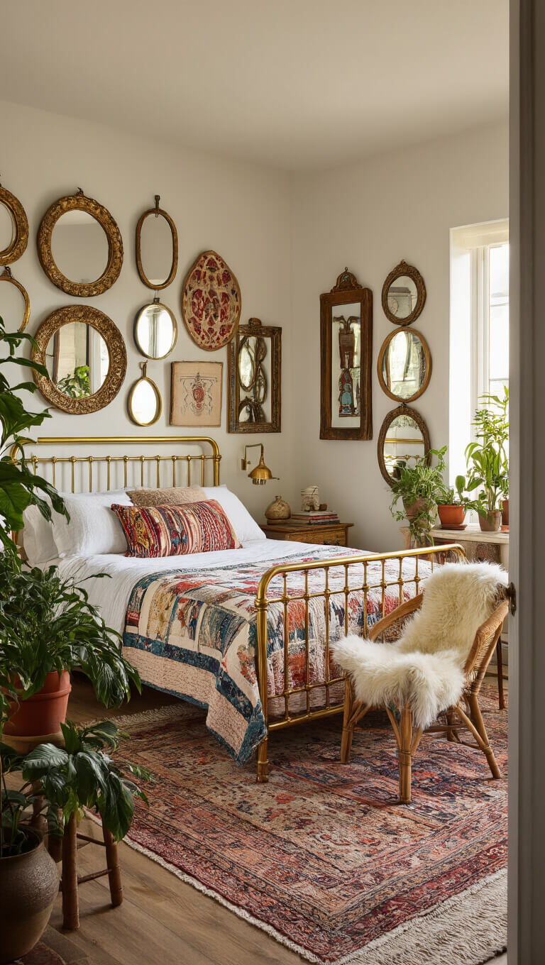 Eclectic 13x15ft bedroom at sunrise with brass bed, vintage quilt, global textiles, vintage mirror feature wall, rattan chair with sheepskin, layered rugs, potted plants, and warm morning light.