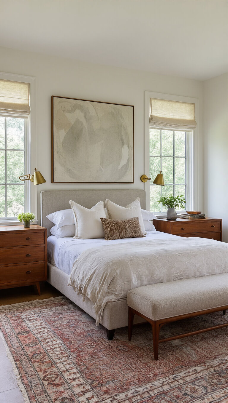 Contemporary primary bedroom with upholstered bed, vintage linens, mid-century walnut dressers, abstract art, brass sconces, and layered muted rugs in natural light.