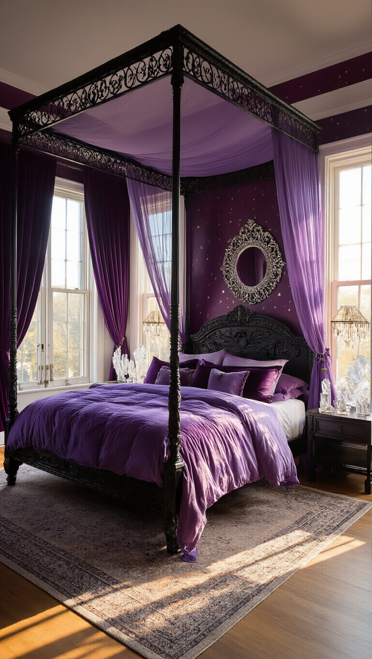 Luxurious purple-themed bedroom with a grand black canopy bed draped in lavender sheers, bathed in golden afternoon light through velvet curtains, with crystal accents, plush pillows, and celestial-patterned walls.