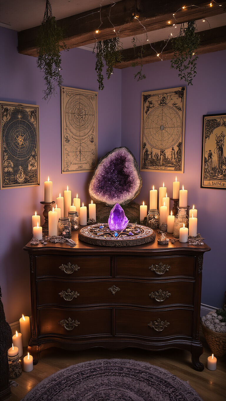 Cozy witch's sanctuary lit by candles and string lights, featuring a vintage dresser with crystals and spell jars, lavender walls adorned with mystical art, and a prominent amethyst geode.