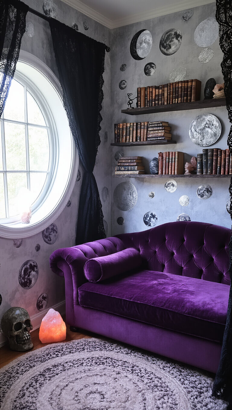 Cozy witchy reading nook with purple velvet chaise, occult books on floating shelves, salt lamp glow, and moon phase wallpaper during blue hour.