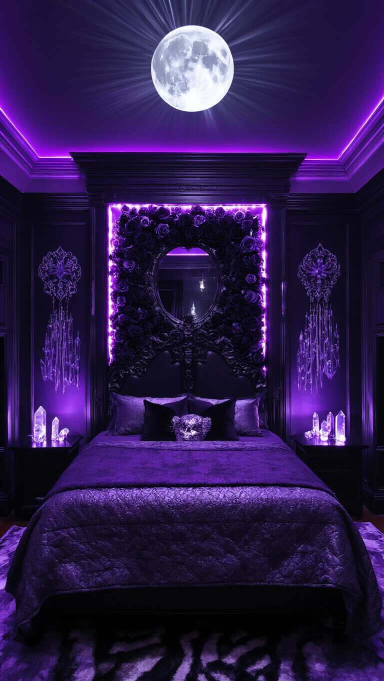 Moonlit gothic master bedroom with purple LED lighting, celestial tapestries, crystal prisms, and a mirrored altar framed by black roses and amethyst.