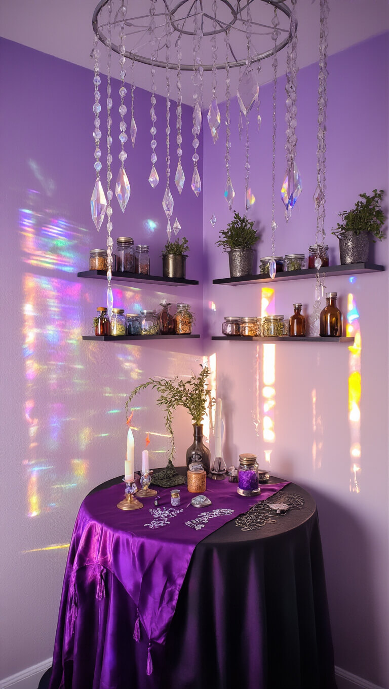 Mystical bedroom corner at dawn with prismatic light, spell-crafting table, herb-filled shelves, and ombré purple walls.