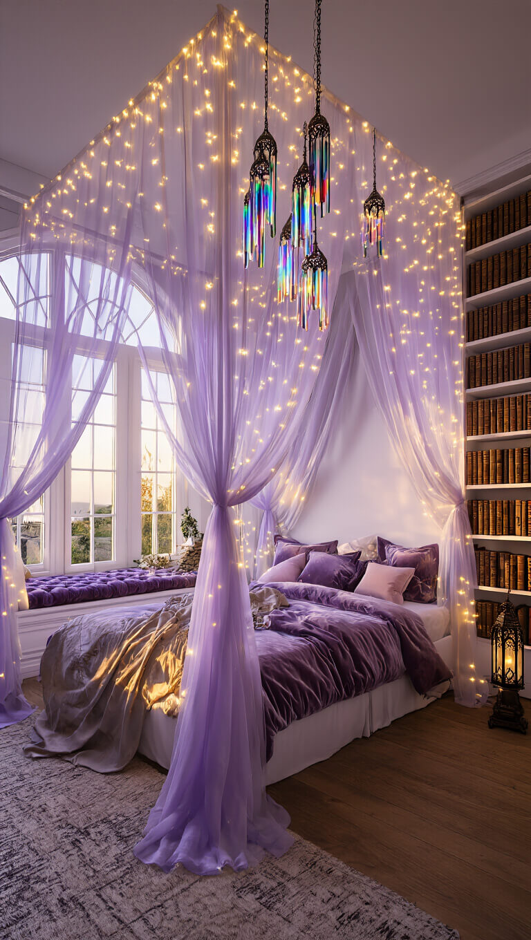 Dreamy 15x15ft bedroom with a four-poster bed draped in fairy lights and sheer purple curtains, surrounded by bookshelves of leather-bound grimoires, a velvet bay window seat, crystal wind chimes, and Gothic lanterns casting shadows in golden hour light.