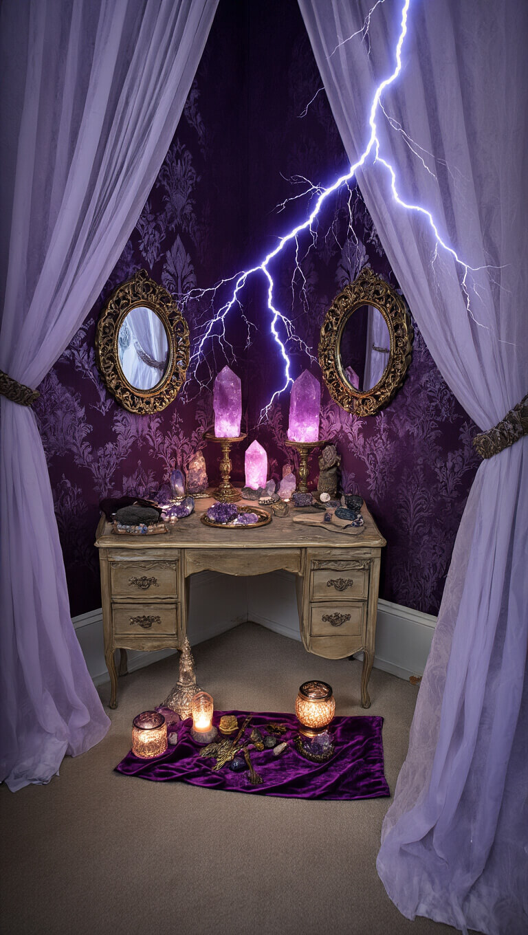 Moody bedroom corner with altar on vintage vanity, lit by lightning and purple salt lamps, against deep purple Victorian wallpaper and gauzy curtains.