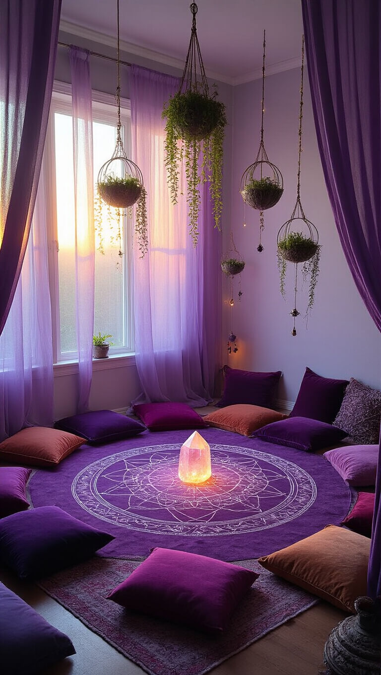 Top-down view of a 16x14ft witch's meditation space at sunrise, featuring purple velvet floor cushions around a crystal grid on a magical circle, with ombré purple curtains and hanging terrariums with air plants and tiny lights.