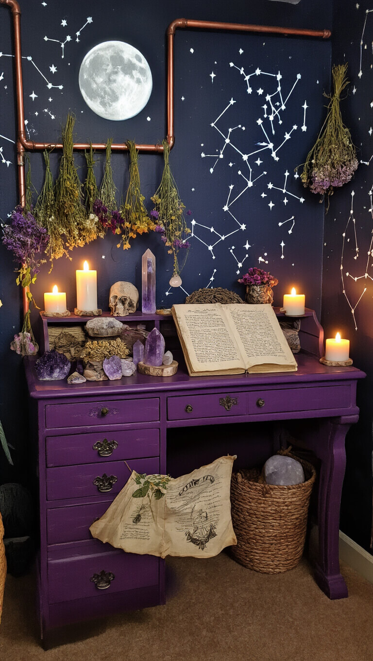 Cozy 12x13ft witch's study nook at midnight with moonlight and floating candles, deep purple vintage desk with magical items, glowing constellation walls, hanging dried herbs, and sparkling crystals.