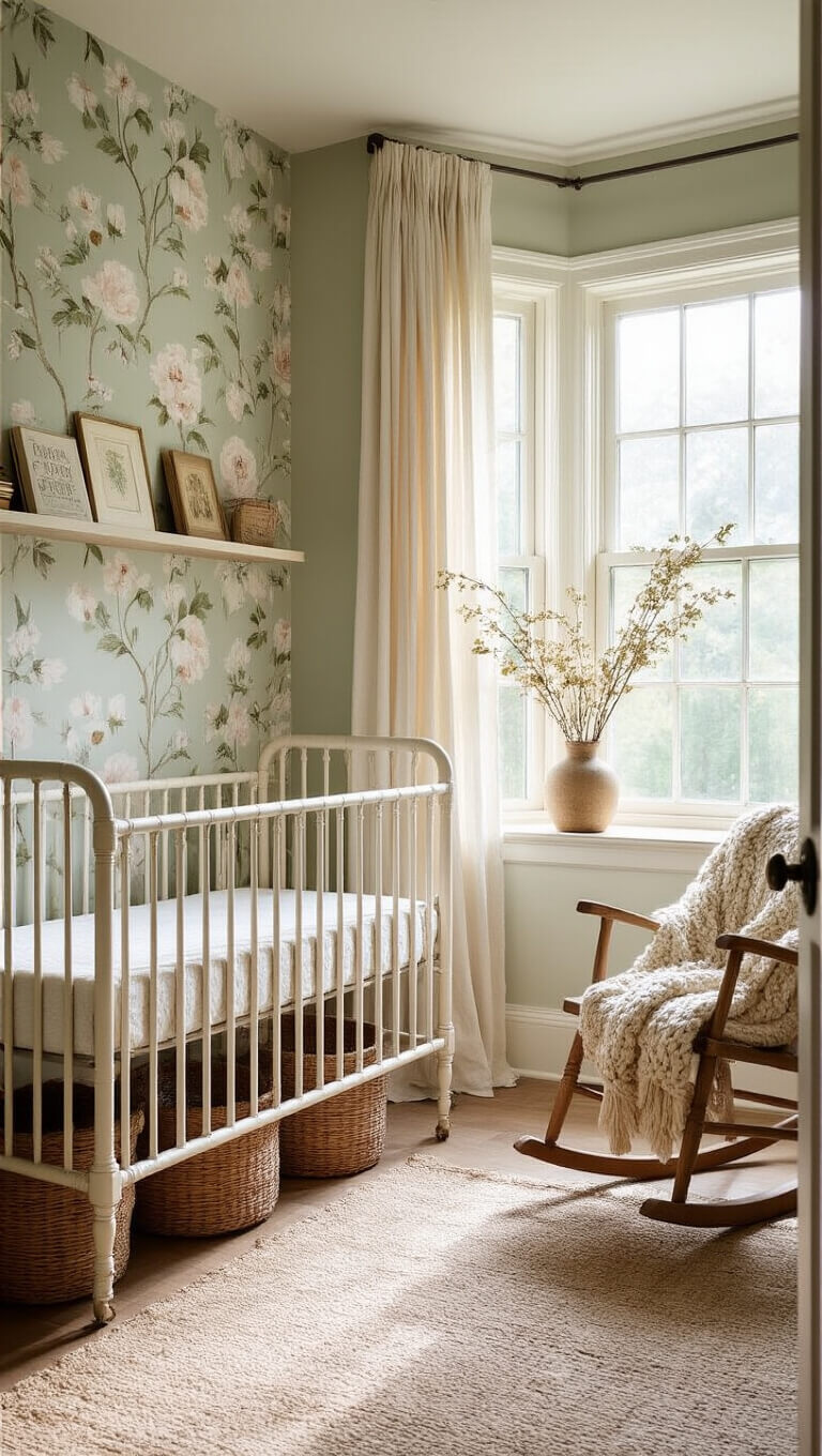 Sunlit nursery with vintage iron crib, floral wallpaper, oak rocking chair, and seagrass baskets under shelf with children's books.
