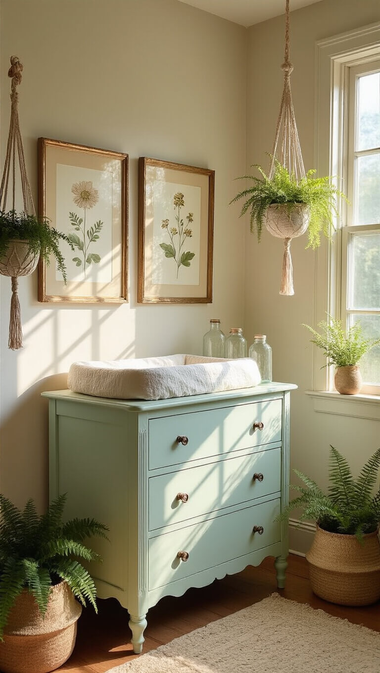 Cottagecore nursery corner with mint green Victorian changing table, linen pad, vintage jars, botanical mobile, hanging ferns, and golden hour glow through leaded glass windows.