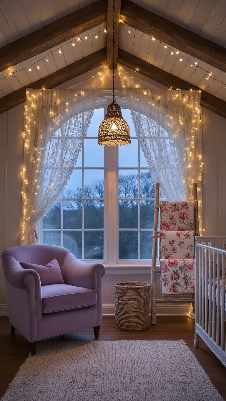 Cozy 11x13ft nursery at dusk with fairy lights on wooden beams, lavender armchair by arched window with lace curtains, floral quilts on bamboo ladder, and pendant lamp casting patterns on ceiling.
