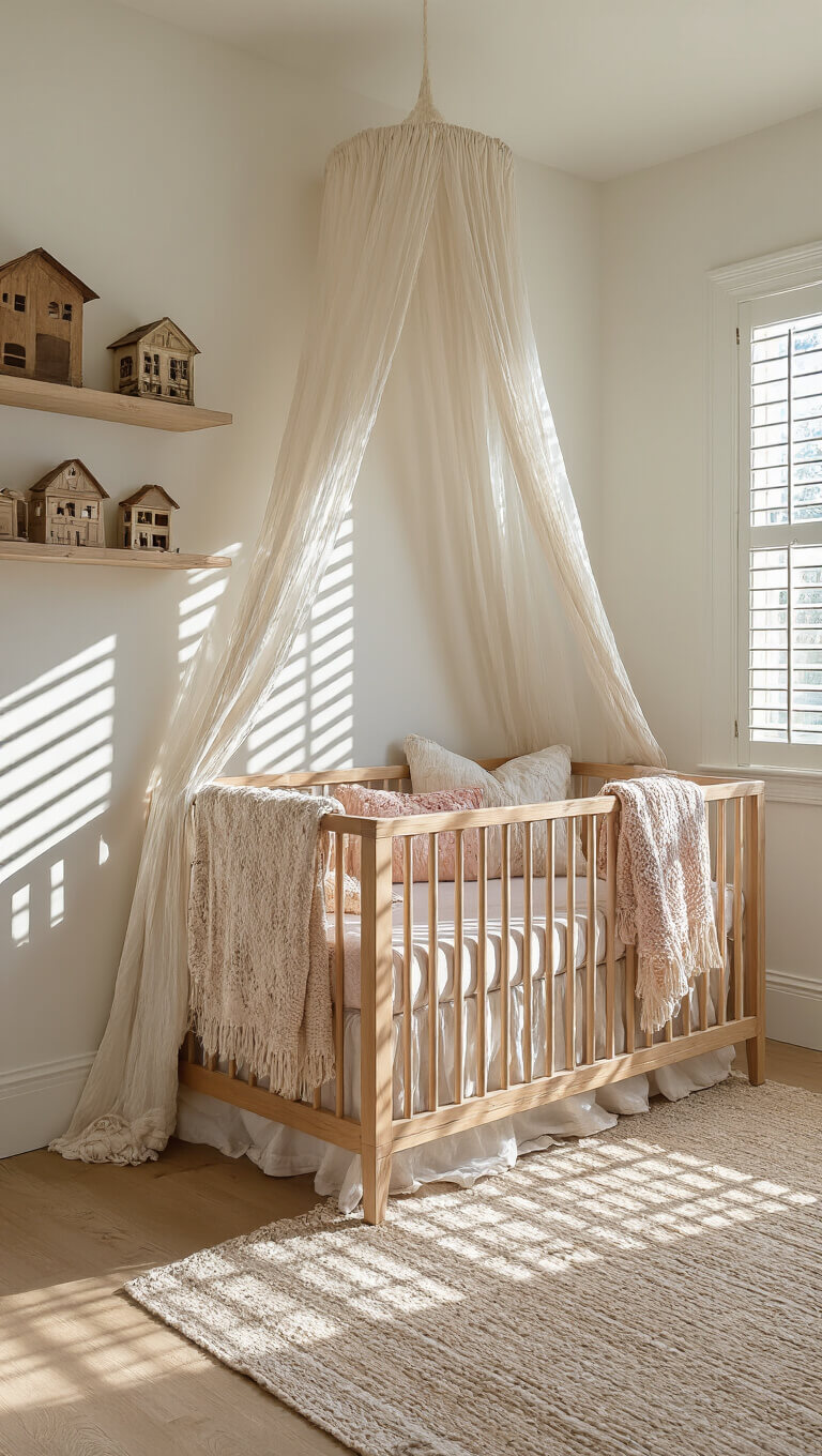 Sunlit nursery with striped shadows on pine floors, centered wooden crib with vintage linens, floating shelves displaying woodland decor, and asymmetrical gauzy canopy.
