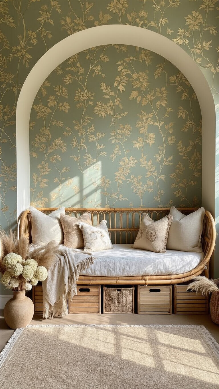 Cozy nursery with botanical wallpaper, rattan daybed, vintage crate storage, and dried floral decor, lit by afternoon sun.
