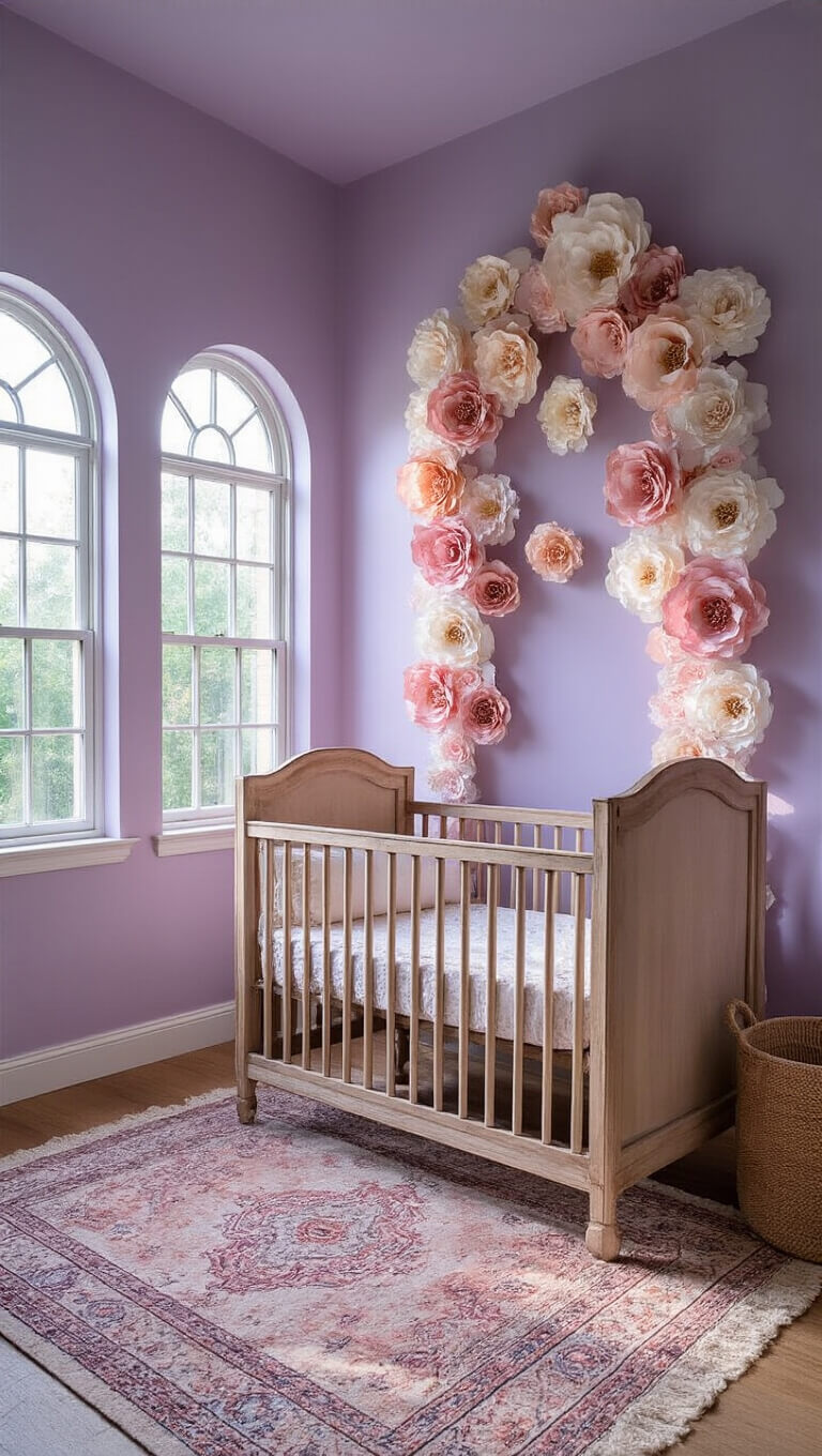 Wide ground-level view of a softly lit nursery with a wooden cradle, blush and cream paper flowers on the walls, vintage lace curtains, and a hand-knotted rug under twilight light.