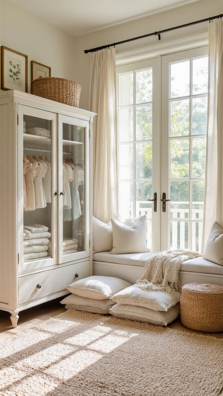 Bright nursery corner with antique white wardrobe displaying vintage baby clothes, cozy reading nook with linen cushions and throws, and a botanical gallery wall in brass frames, lit by soft morning light through French doors.