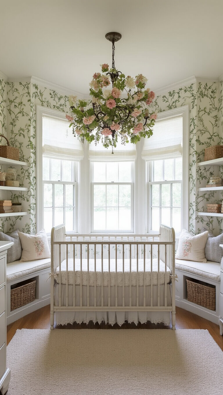 Early morning light fills a vintage-style nursery with an antique white crib, floral chandelier, built-in window seats, and vine-patterned wallpaper.