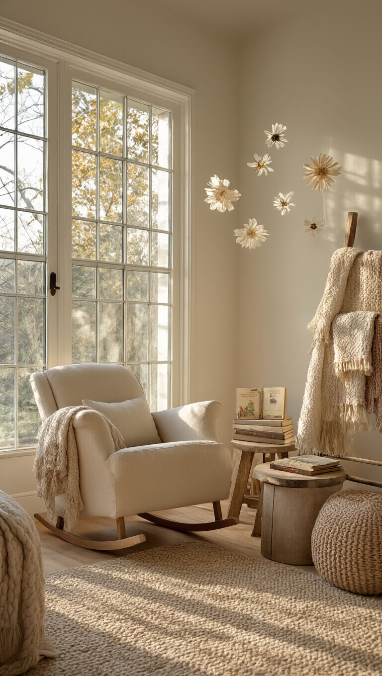 Golden hour light fills a cozy nursery with a linen rocker, rustic table with vintage books, knit blankets on a ladder, and delicate pressed flower mobiles casting shadows.