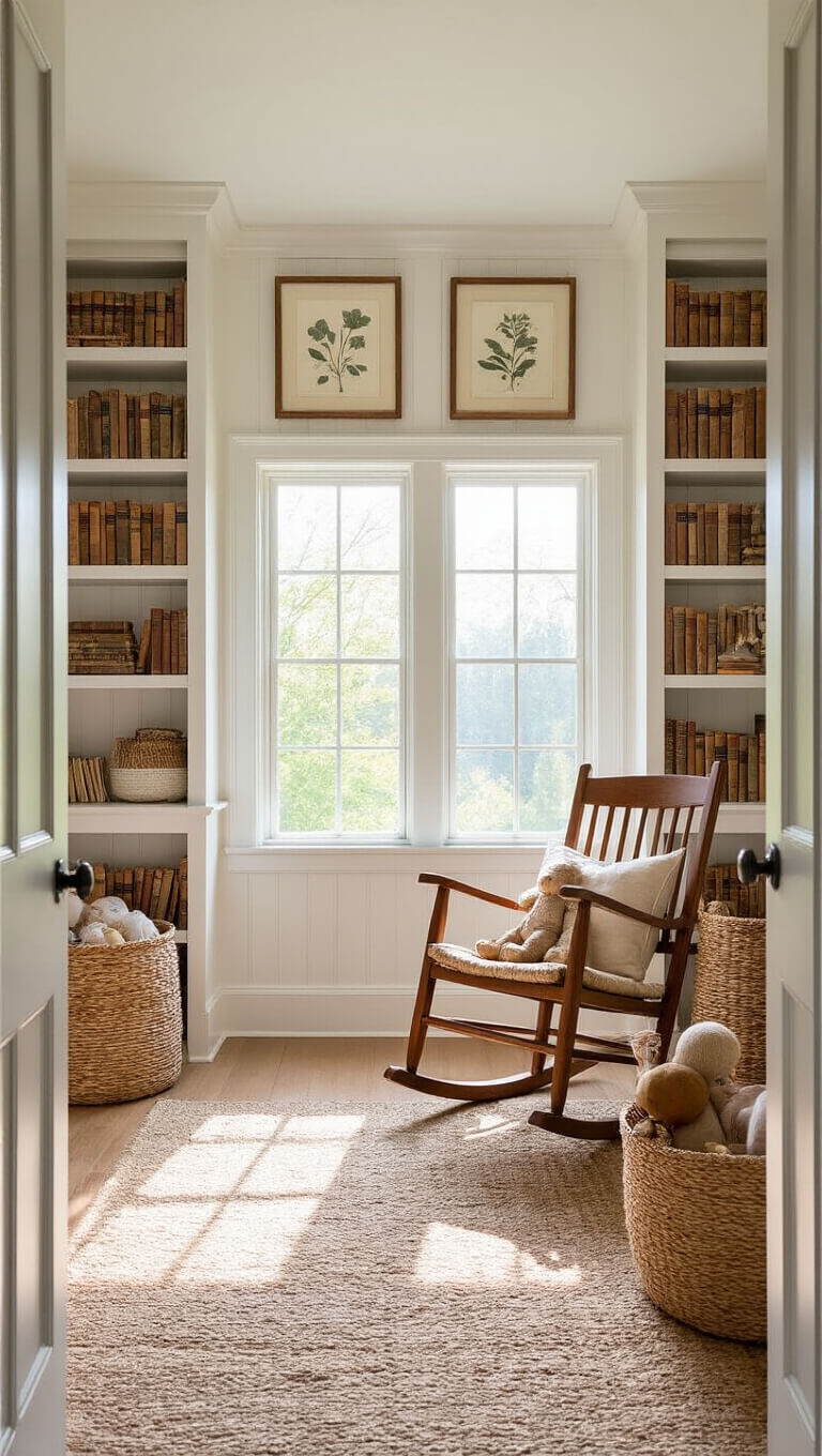 Nursery with morning light through dormer windows, featuring a wooden rocking chair, floor-to-ceiling bookshelves, handwoven baskets, and botanical prints above wainscoting.