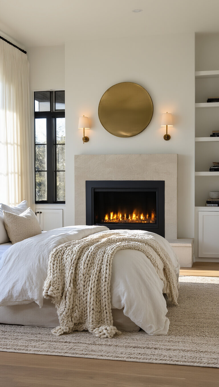 Modern master bedroom at golden hour with fireplace, king bed, oak floors, and warm natural lighting.