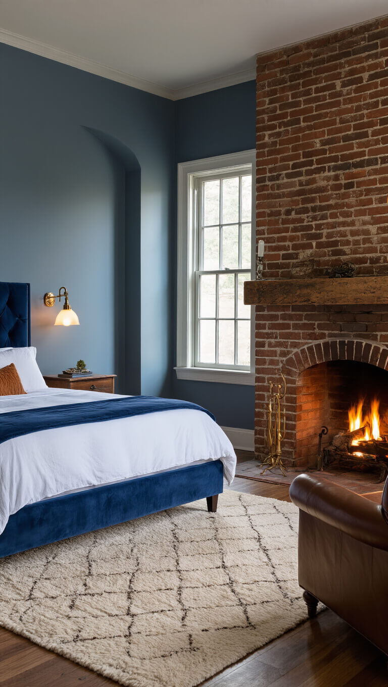 Cozy 12x14ft bedroom at dusk with brick fireplace, navy velvet bed, and plush rug seen from doorway.