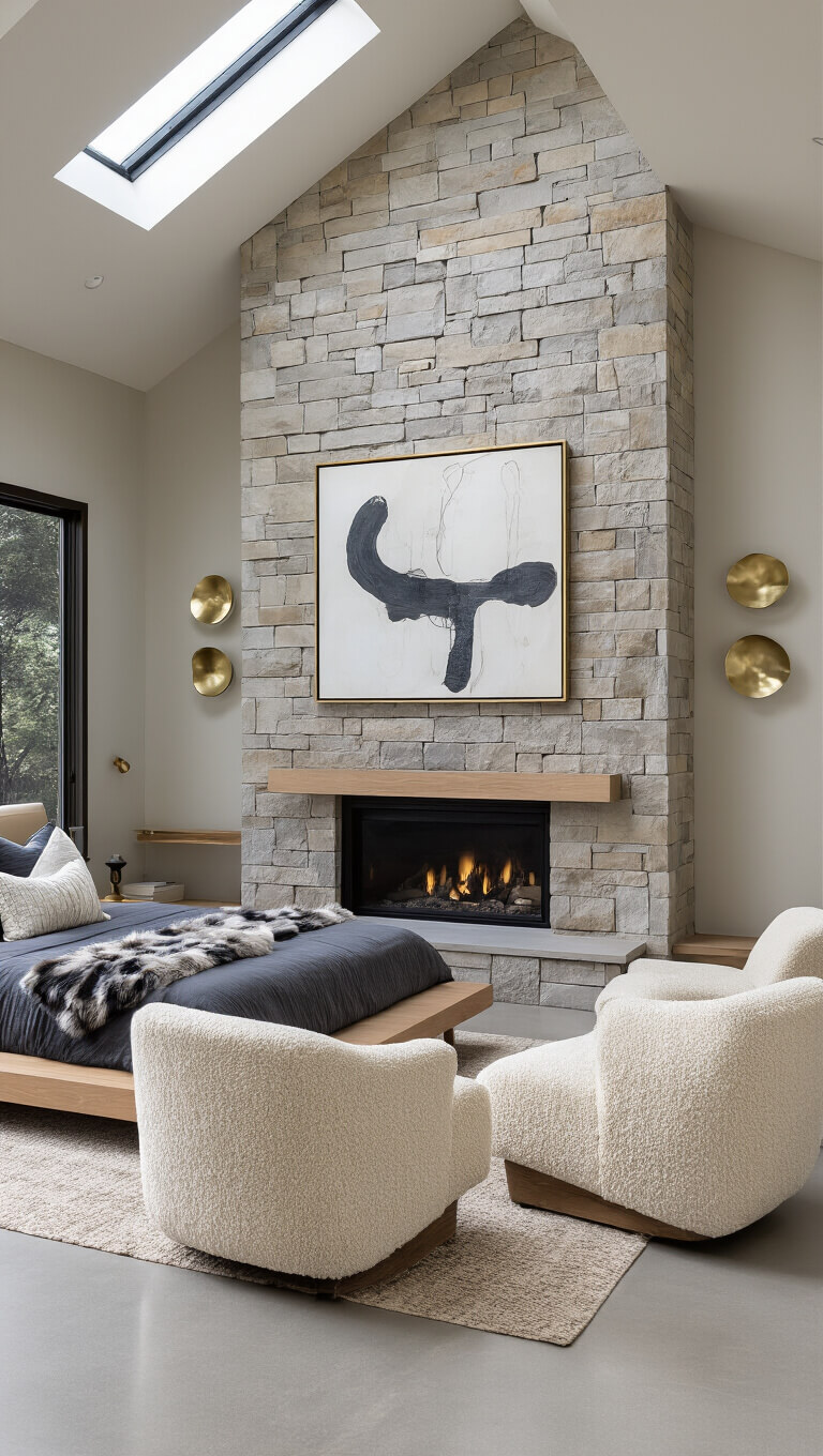 Luxurious 16x18ft primary suite with stone fireplace, skylights, polished concrete floors, bleached oak platform bed, and cream bouclé lounge chairs in a bright, airy setting.