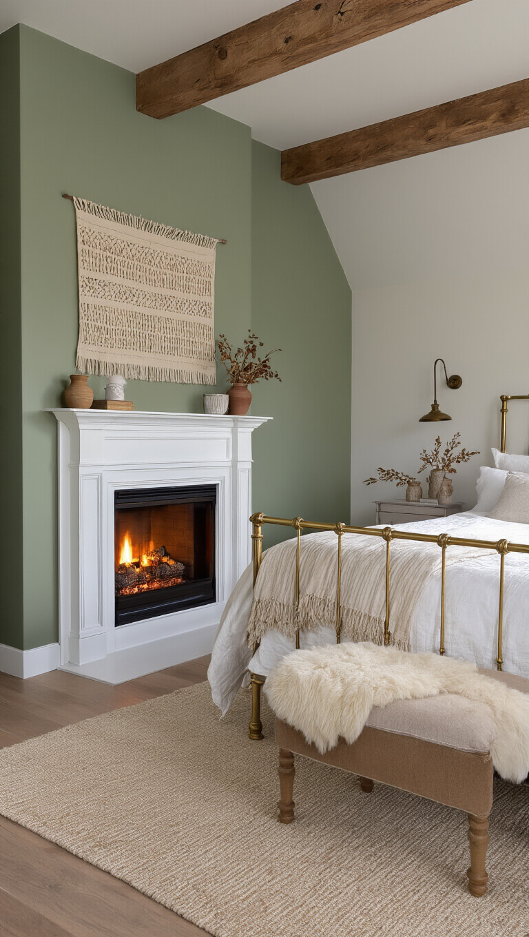 Cozy 10x12ft sage green bedroom with vintage brass bed, white electric fireplace beneath wooden beams, woven tapestry, dried botanicals on mantel, and sheepskin ottoman.