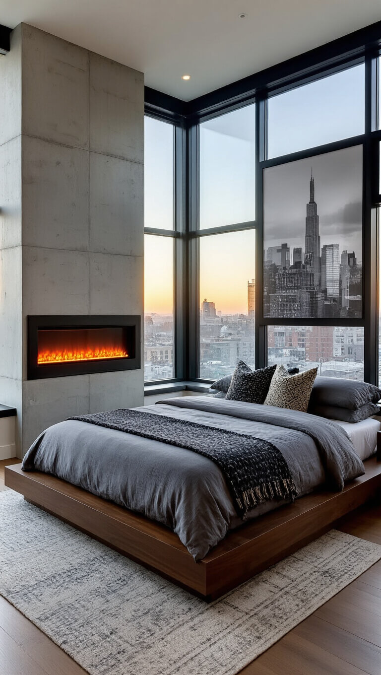 Modern urban bedroom at sunrise with floor-to-ceiling city-view windows, glowing wall-mounted LED fireplace, platform bed in dark walnut, and chrome-glass side tables.