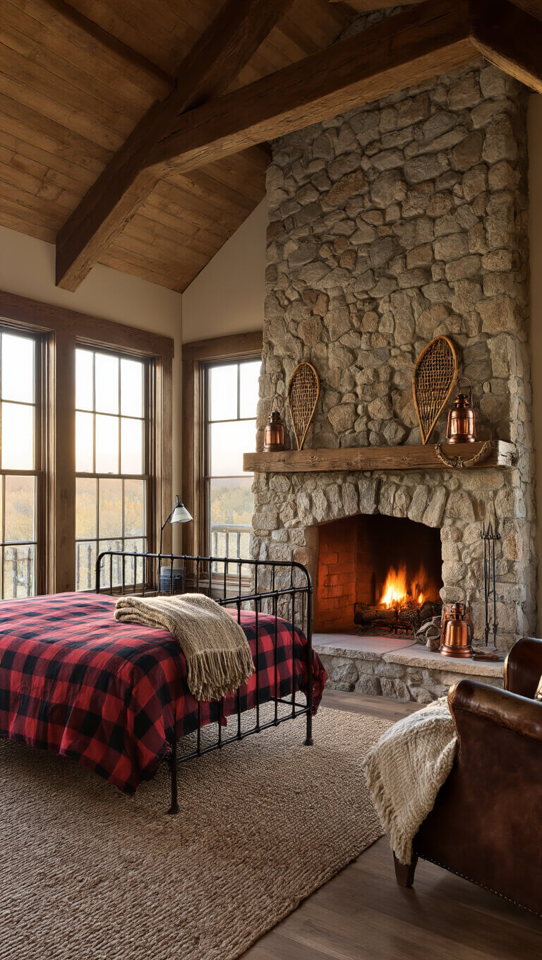 Rustic 13x15ft bedroom at sunset with stone fireplace, exposed beams, iron bed, vintage decor, and cozy fireside reading nook.