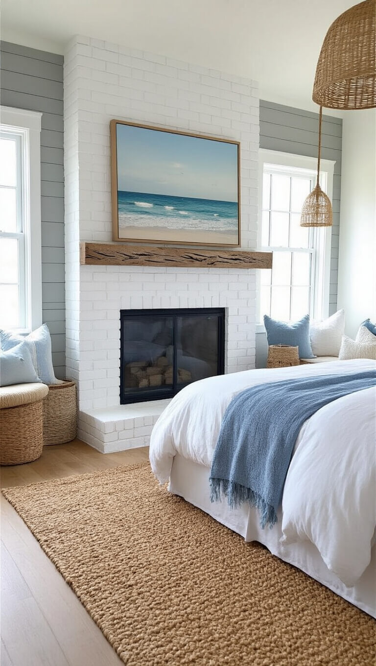 Coastal 14x16ft bedroom with white brick fireplace, seagrass bed, blue and white linens, seascape artwork, and natural textures in morning light.