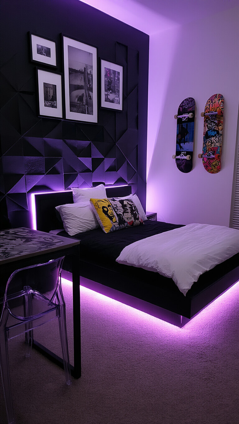 Moody 12x14ft bedroom with black accent wall, framed street photography, LED purple lighting, low-profile black bed, pop art pillows, geometric skateboard display, and industrial desk with ghost chair.