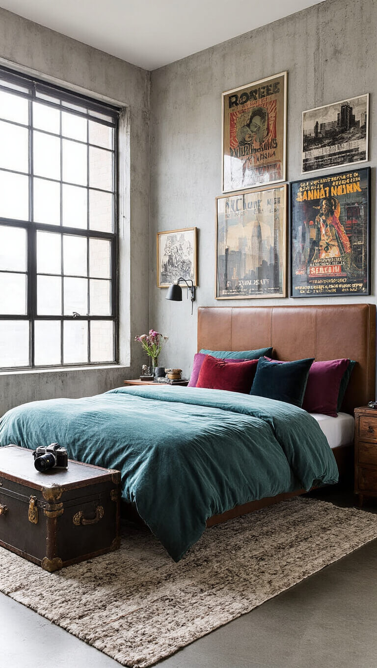 Urban collector's bedroom with king bed, vintage posters, industrial windows, and concrete-effect walls.
