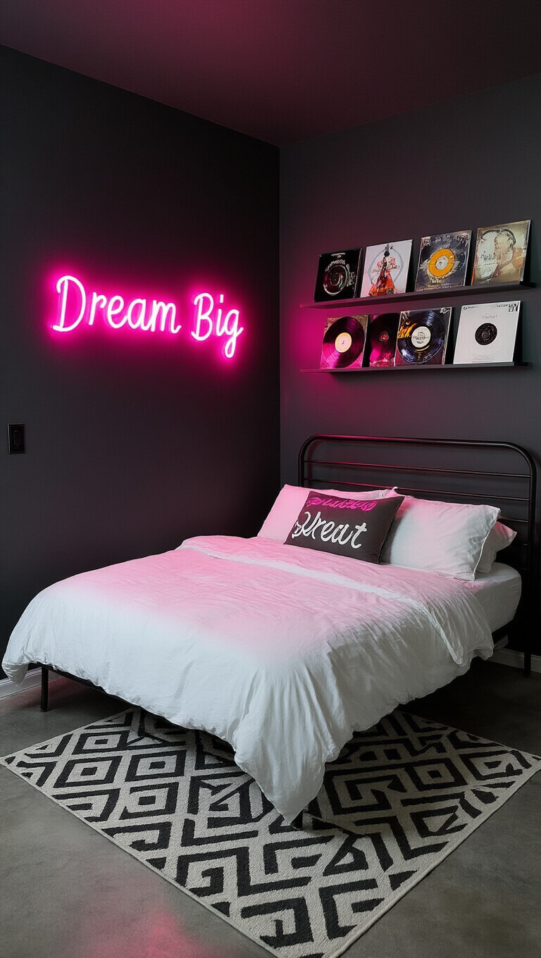Compact charcoal-painted bedroom with hot pink 'DREAM BIG' neon sign, modern white bedding on metal frame, neon accent pillows, vinyl records on floating shelves, and geometric rug on polished concrete floor.