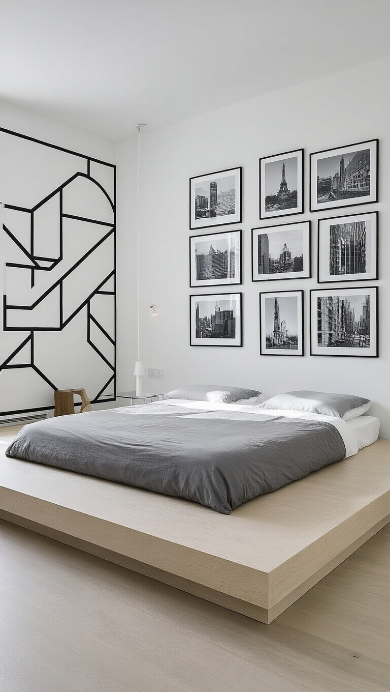 Minimalist 14x16ft modern bedroom with white walls, black geometric mural, low Japanese-style bed, monochrome city photography, and chrome accents in natural midday light.