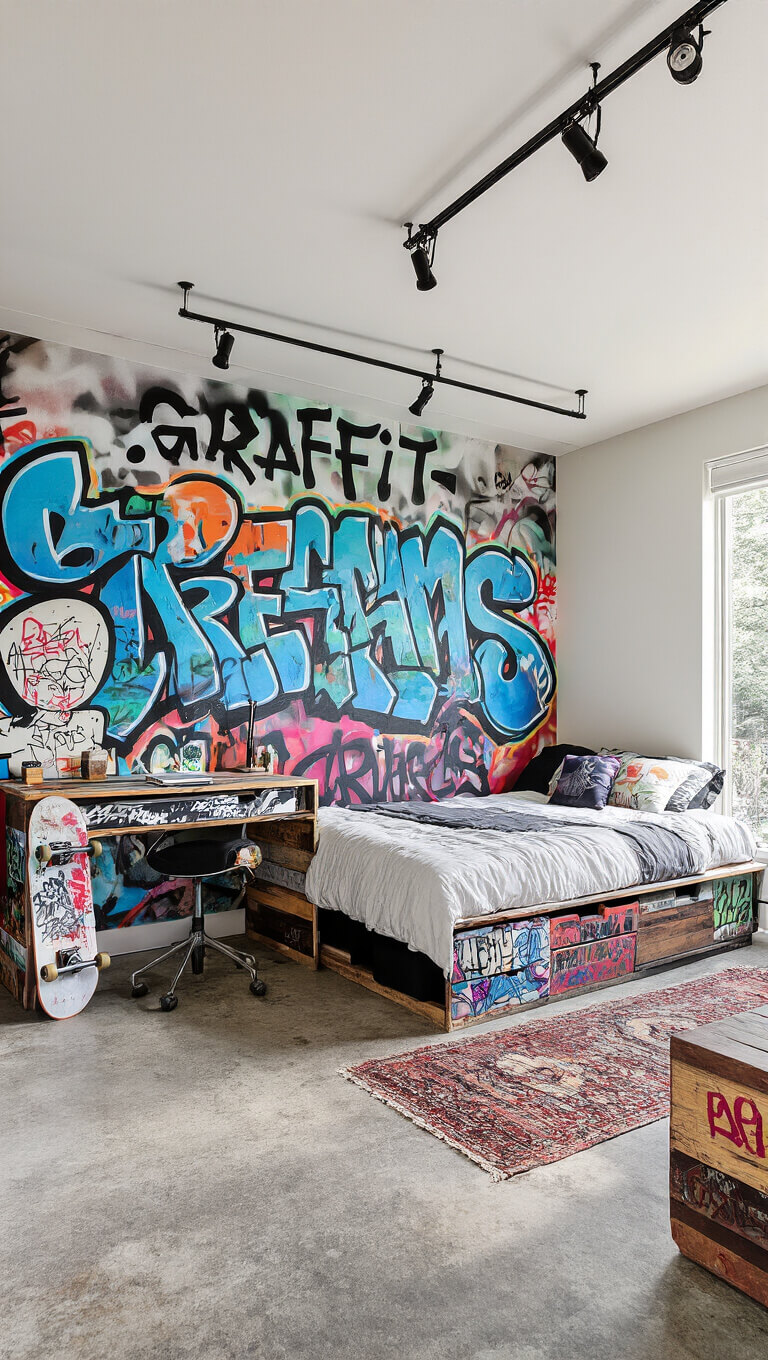 Teen bedroom with large graffiti mural, custom skateboard desk, platform bed, and industrial lighting on polished concrete floor with vintage rugs.