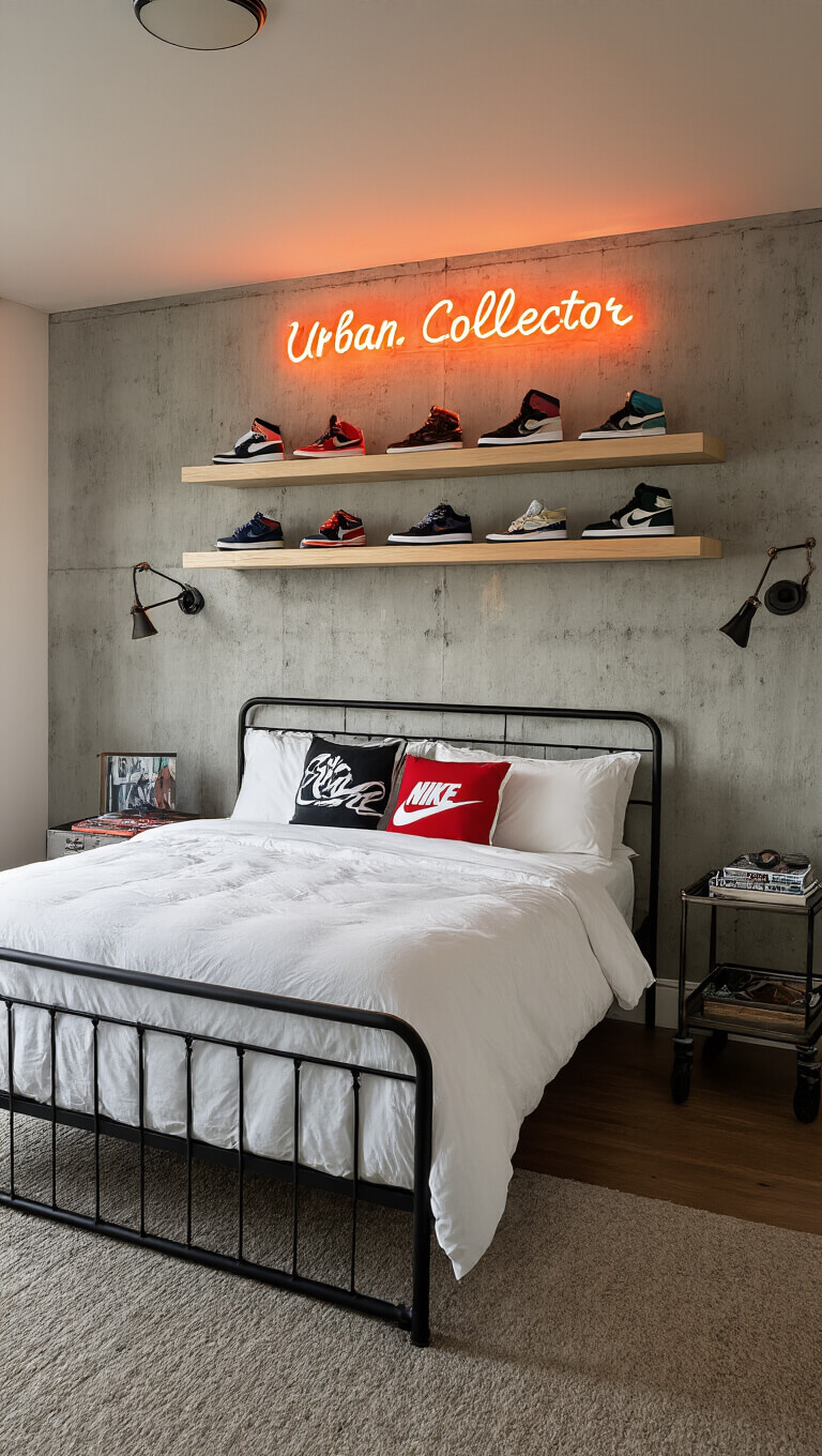 Low-angle view of a stylish 12x14ft bedroom at sunset with floating shelves displaying premium sneakers against concrete wallpaper, a queen bed with black metal frame and designer pillows, custom neon sign above the headboard, and a vintage industrial cart as a side table.