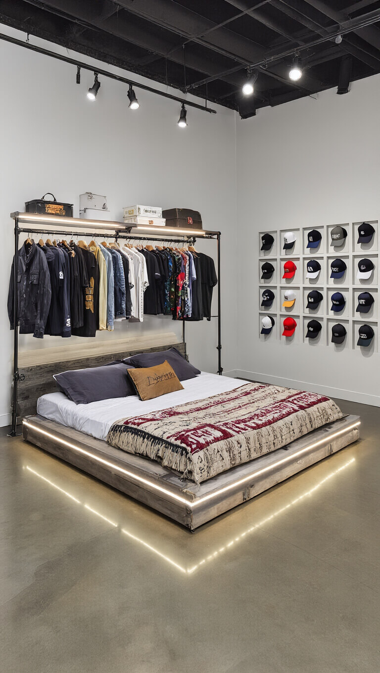 Streetwear-themed bedroom with track lighting, designer clothing on industrial rack, LED-lit platform bed, cap grid on wall, and metallic epoxy flooring.
