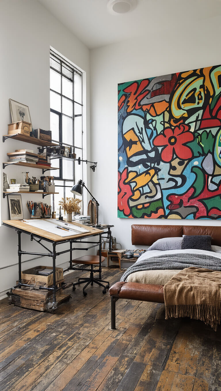 Urban artist's retreat bedroom with natural light, large abstract street art canvas, vintage drafting desk, industrial pipe bed with leather headboard, open metal shelving of art supplies, and distressed wood flooring.