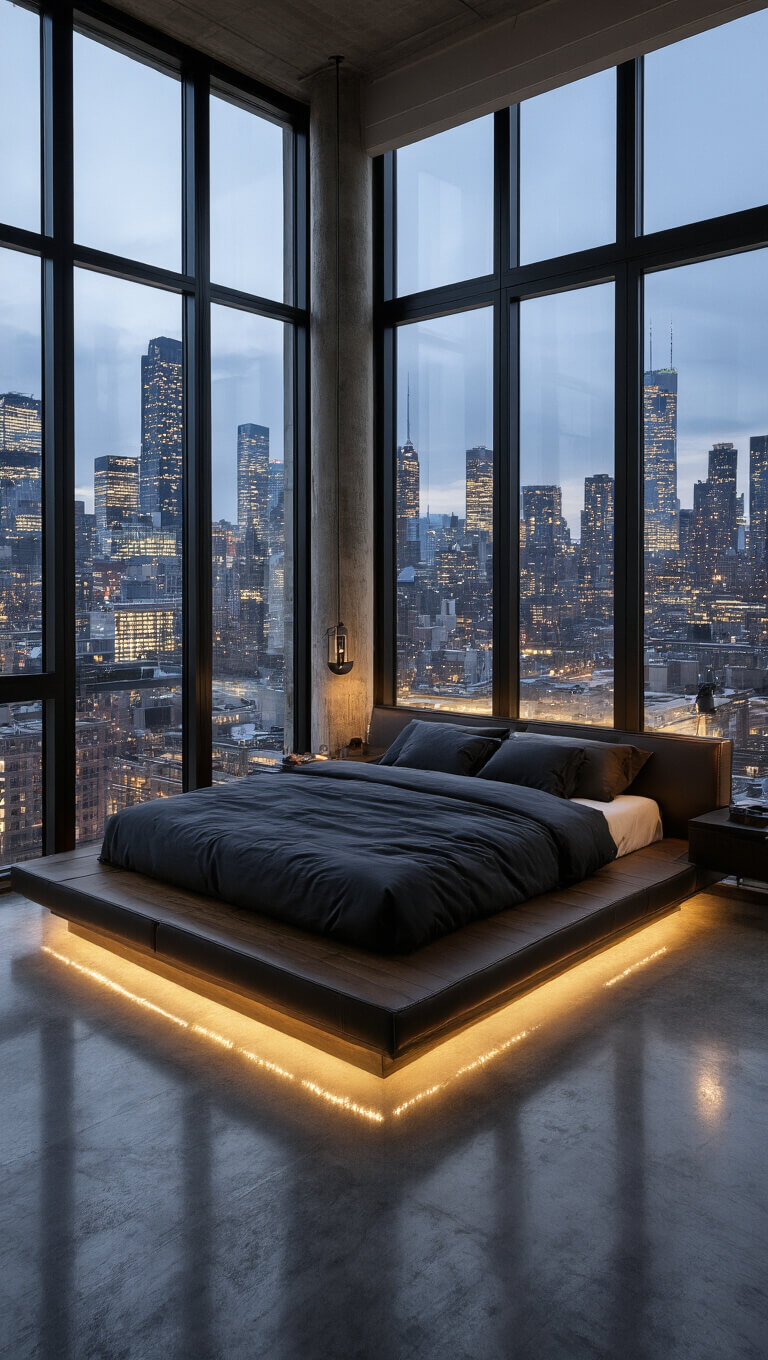 Modern 13x15ft bedroom with floor-to-ceiling industrial windows, platform bed in charcoal linens, cityscape wall art, and polished concrete floors reflecting evening city lights.
