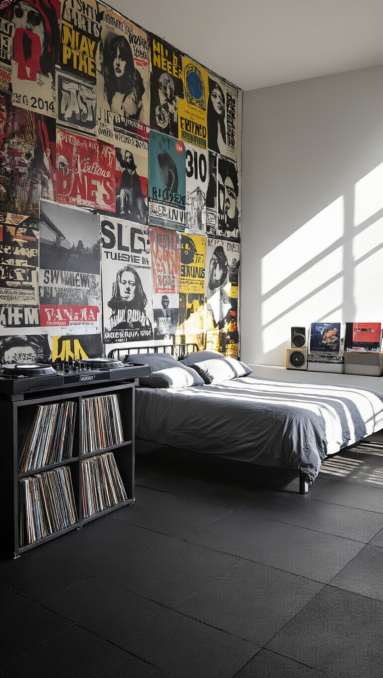 Multifunctional 11x13ft bedroom with street-style decor, grayscale bedding on metal bed frame, DJ booth and vinyl storage in corner, resin-sealed poster wall, and rubber gym flooring lit by dramatic afternoon shadows.