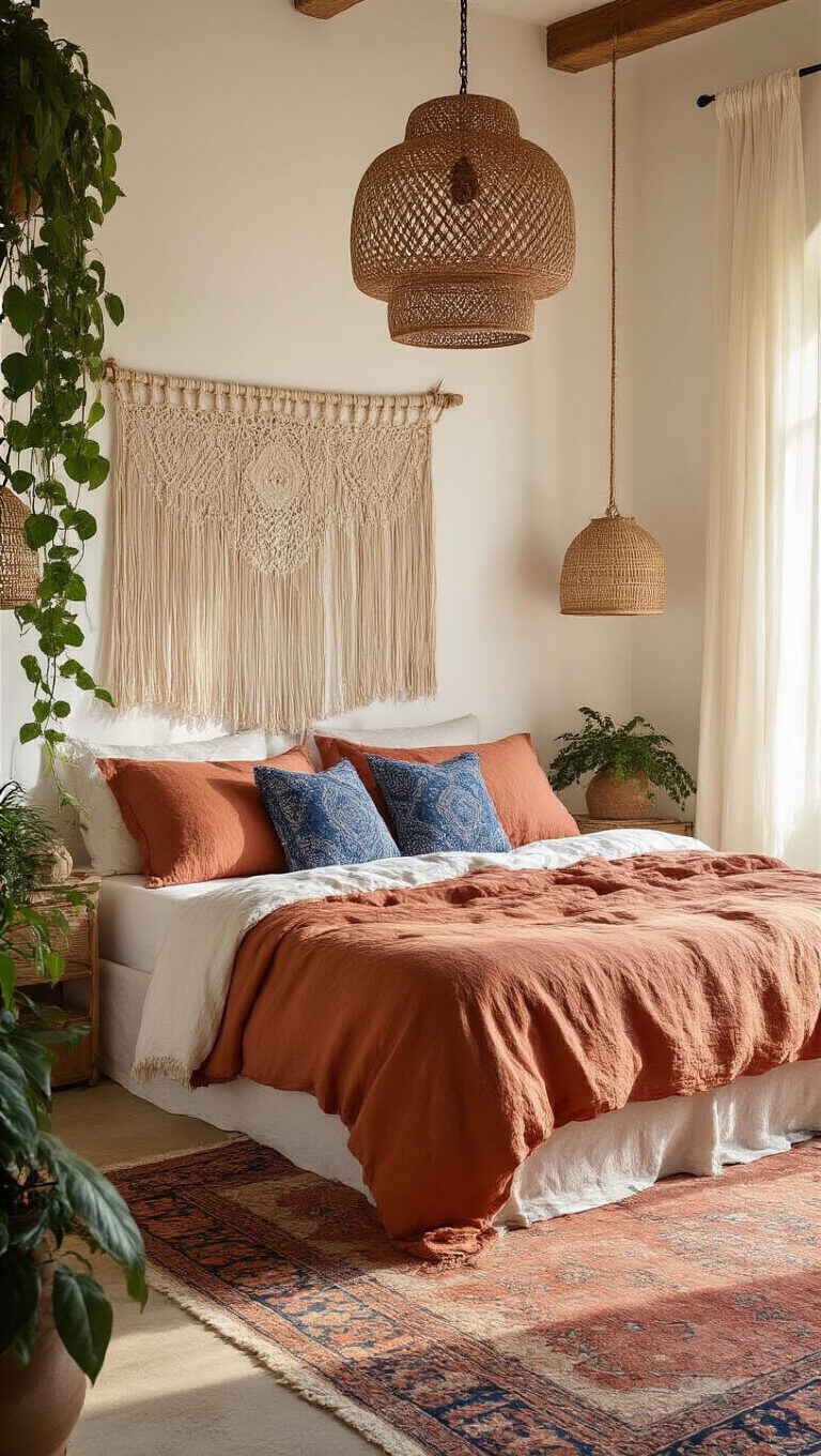 Boho bedroom with terracotta linens, macramé headboard, indigo pillows, vintage rug, and warm golden hour lighting.