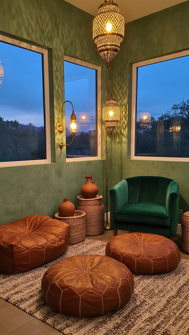 Boho-style reading nook at twilight with cognac leather floor cushions, emerald velvet armchair, brass floor lamps, Moroccan lanterns, and earthy decor against a sage green wall.